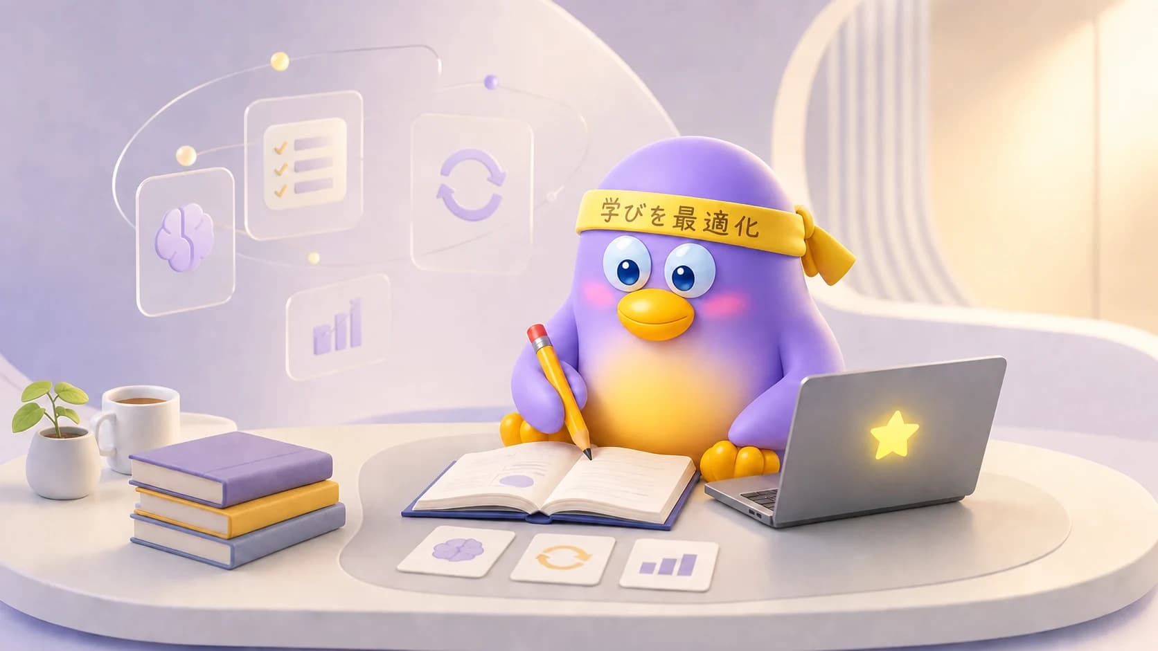 なびぺんが本と学習カードを使って復習するイメージ